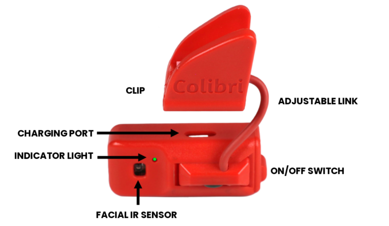 A side view of colibri head mouse with arrows indicating it's main parts and features